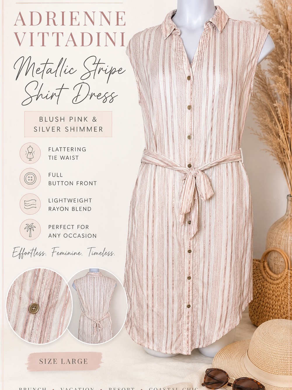 Adrienne Vittadini Metallic Stripe Sleeveless Shirt Dress Large